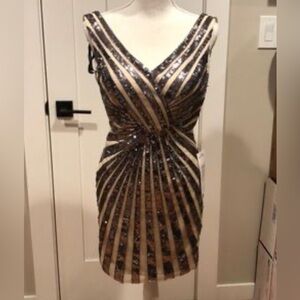 Milano Formals Black and Gold Striped Sequin Dress sze small